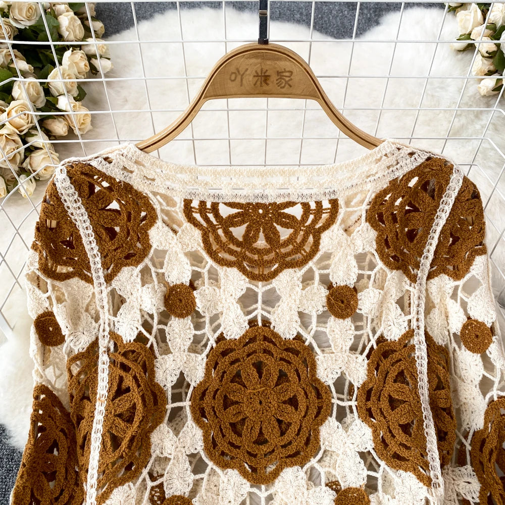 Sunscreen Hook Summer Knit Top Women Elegant O Neck Hollow Out Lantern Sleeve Ladies Vacation Tassel Beach Blouse