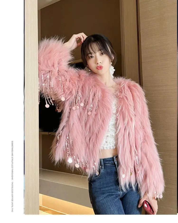 Faux Fur Grass Sequined Tassels Coat Women's Short Beaded Fringed Bomber Jacket