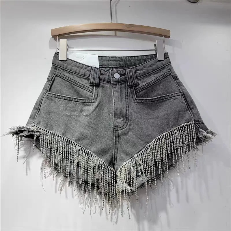 Denim shorts women's heavy industry rhinestone design high waist hot pants