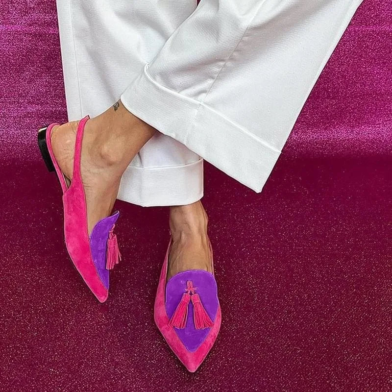 Color Block Women's Flat Shoes Pointed Tassel Low Heel Back Air Sandals