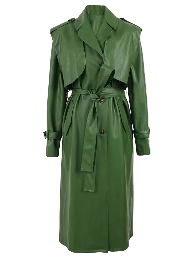 Long Green Pu Leather Trench Coat for Women with Back Slit Sashes Single Breasted