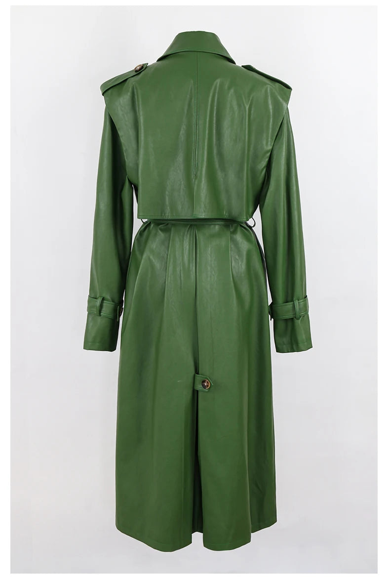 Long Green Pu Leather Trench Coat for Women with Back Slit Sashes Single Breasted