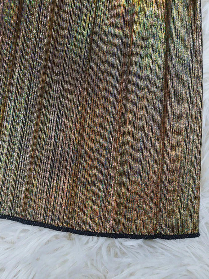 Metallic Golden One Shoulder Sleeveless Pleated A-Line Maxi Dress Elegant Cocktail Dress