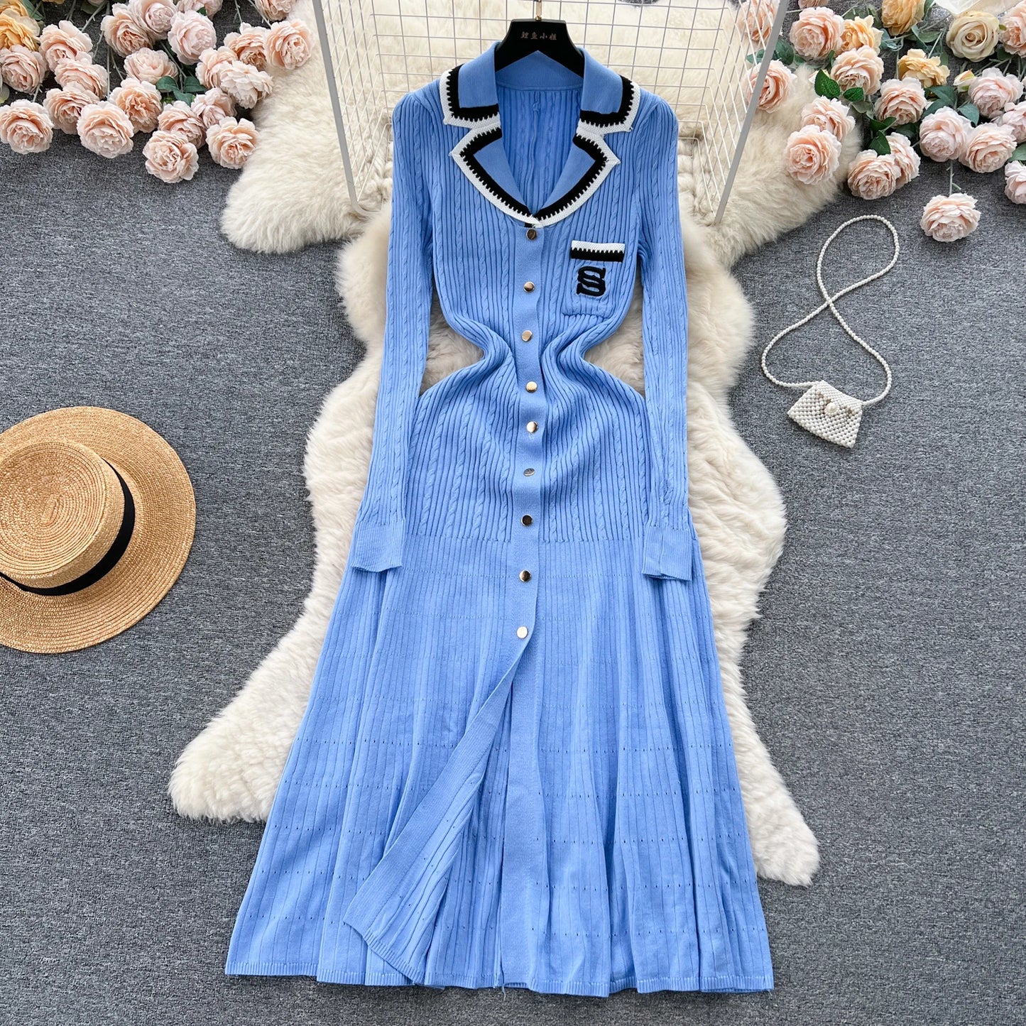 Women Polo Dress Single Breasted Pocket Design Bodycon Knitted Dress Sweater Midi Dress