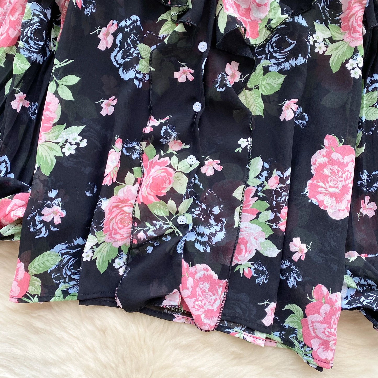 Floral Print Loose Shirt Women Lantern Sleeve V Neck Thin Causal Ruffle Blouse