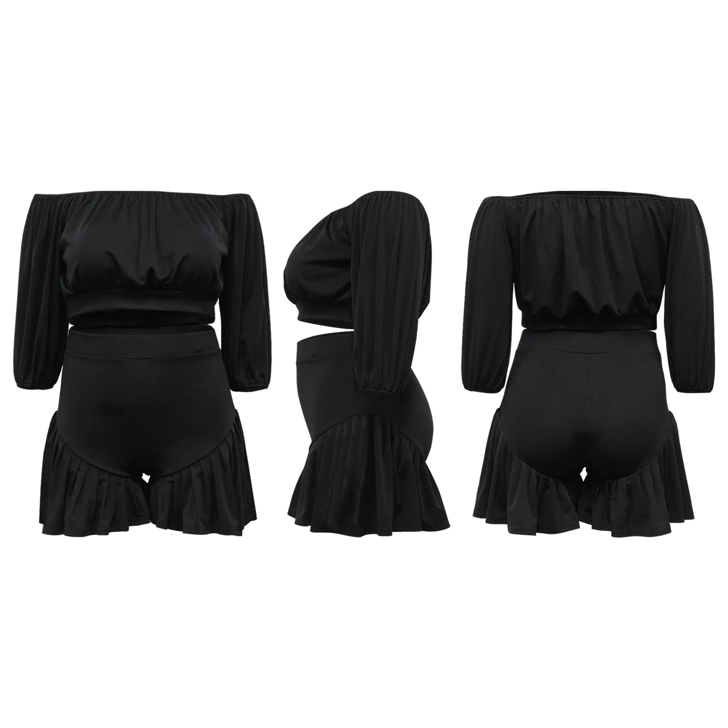 Plus Size Women's Set Long Sleeve Slash Neck T-Shirt and Shorts Summer Two 2 Piece Set