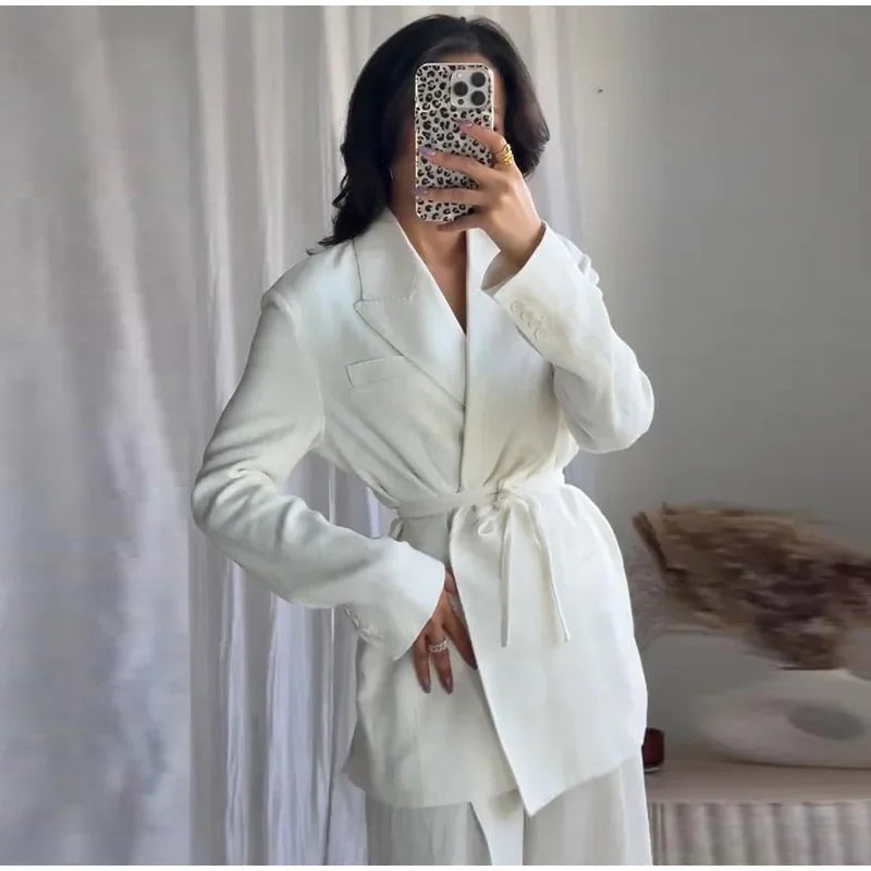 Elegant Blazer Pants Sets Women V-neck Lace up Jacket Full Sleeve Wide Leg Trousers Suit