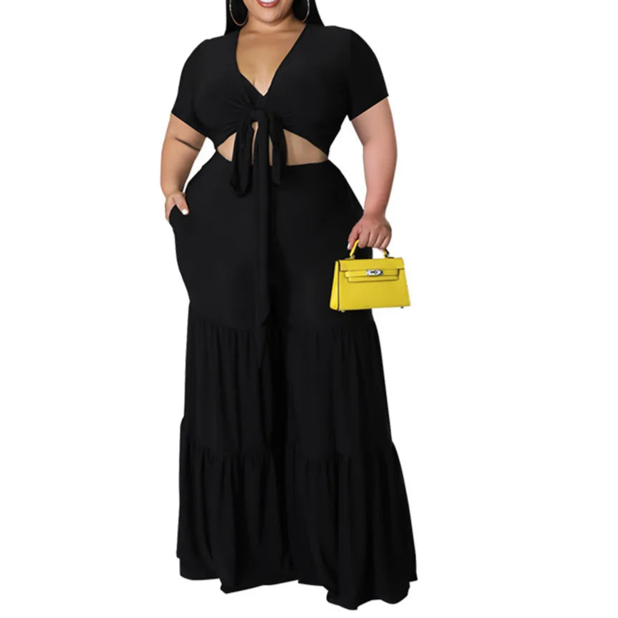 Plus Size Pants Sets Two Piece Outfits Summer Holiday Solid Bandage Top Wide Leg New Matching Suit