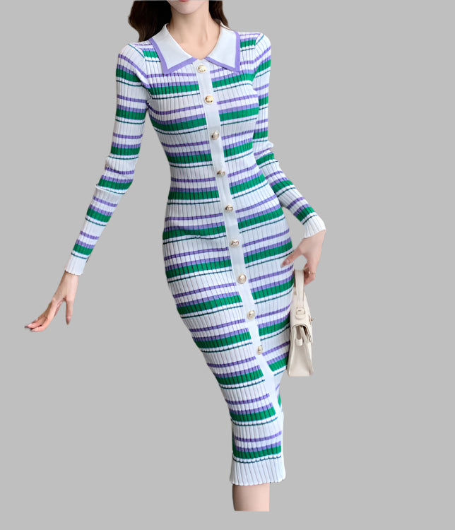 Stripes Knitted Dress Women Slim Elastic Bodycon Party Sweater Dresses