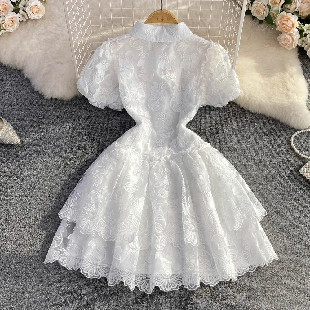 Women Vintage Lace White Dress Turn Down Collar Puff Sleeve Mini Dress