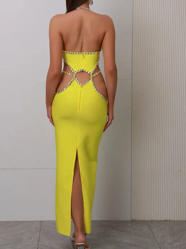 Sexy Backless Halter Beading Maxi Long Lemon Bandage Dress Cocktail Dress