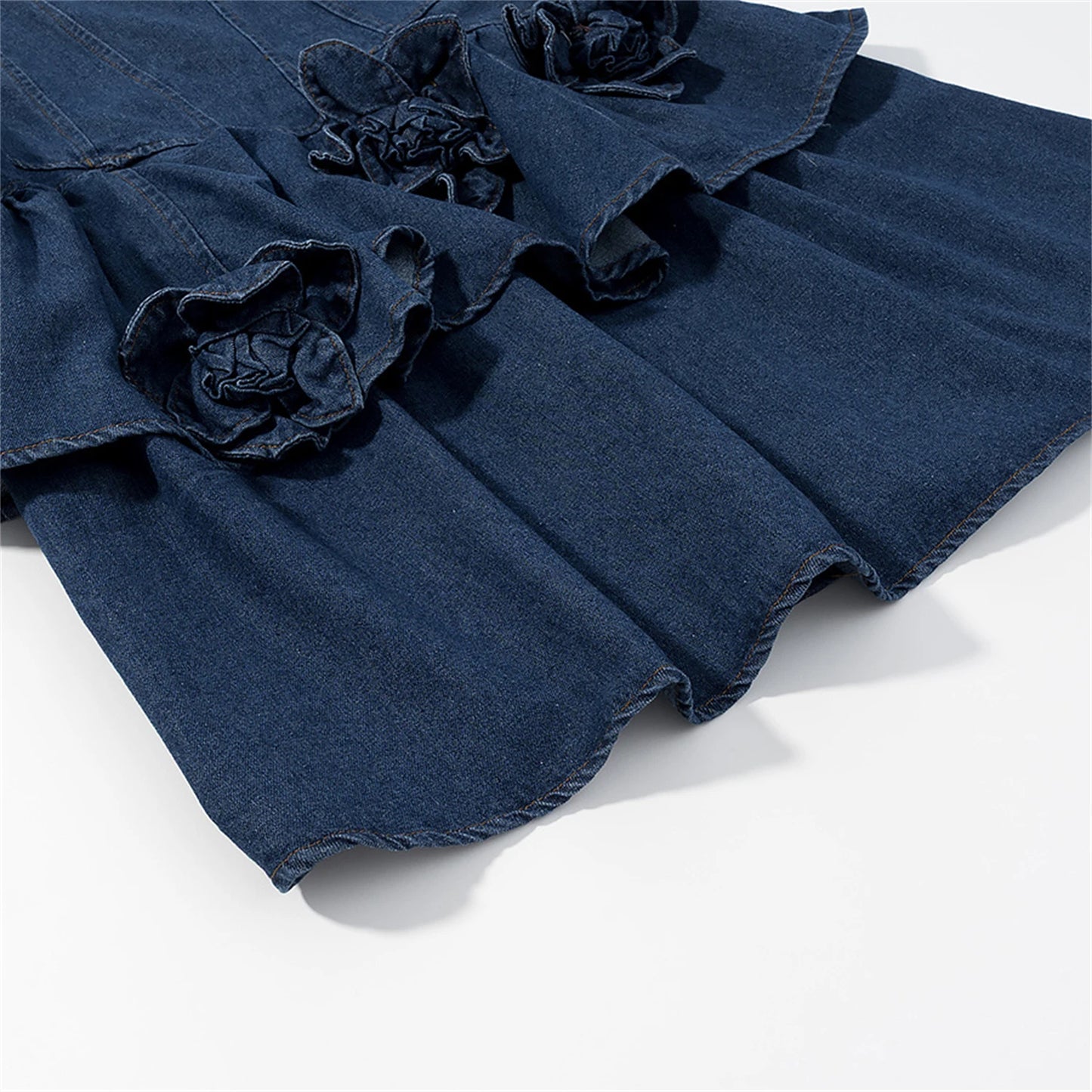 3D Flower Double Layer Denim Mini Dress Waist Sinching Mini Dress