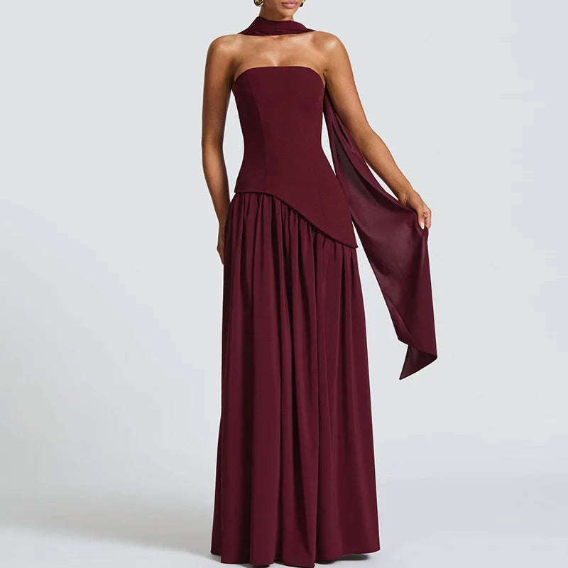 Elegant Strapless Scarf Neck Pleated Dress Woman Sexy Slim Solid Backless Evening Dress