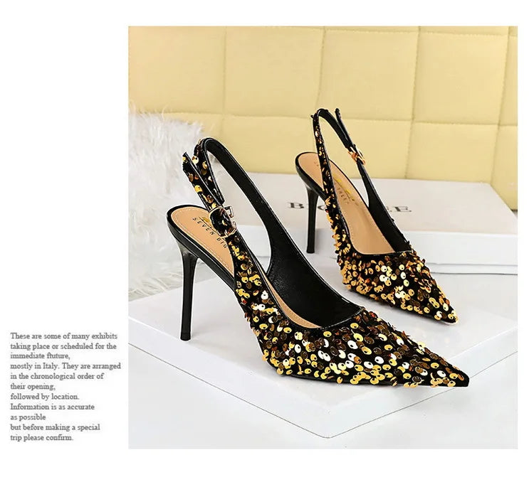 Sequined Cloth Woman Pumps Pointed Toe Thin Heels Hollow Buckle Strap Wedding Party Shoes