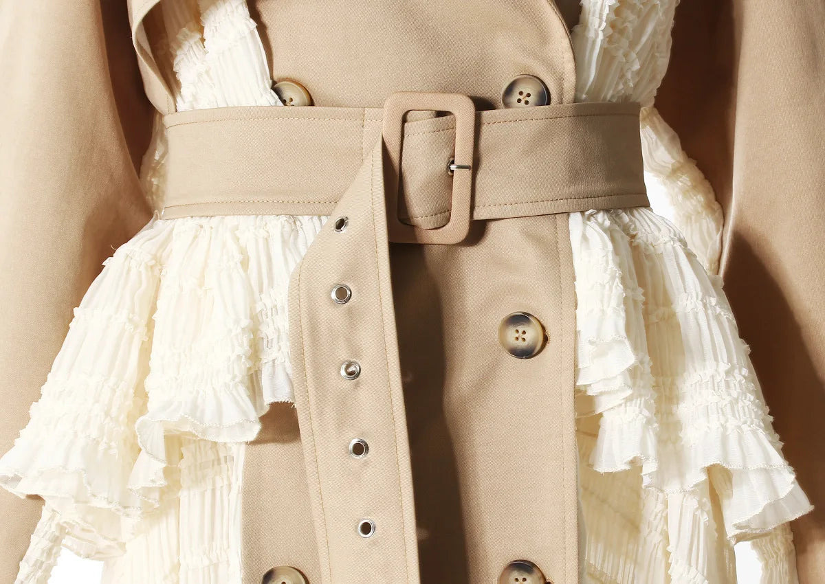 Lace Patchwork Trench Coat Women's Lapel Loose Double Breasted Windbreaker