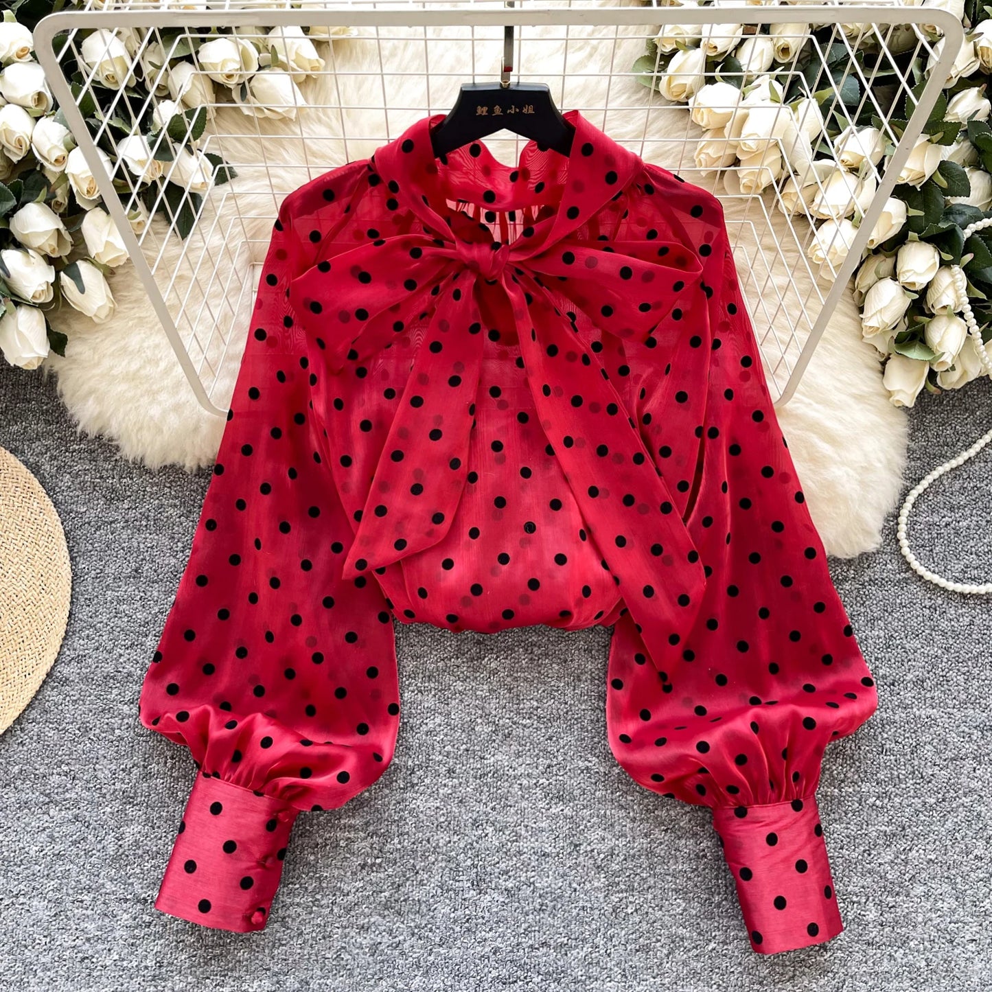 Vintage Polka Dot Tops Puff Sleeve Bow Lace Up Design Blouse