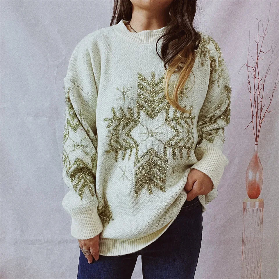Loose-fit Line Big Snowflake Christmas Sweater Women's Pullover Thickened Crew Neck Sweater