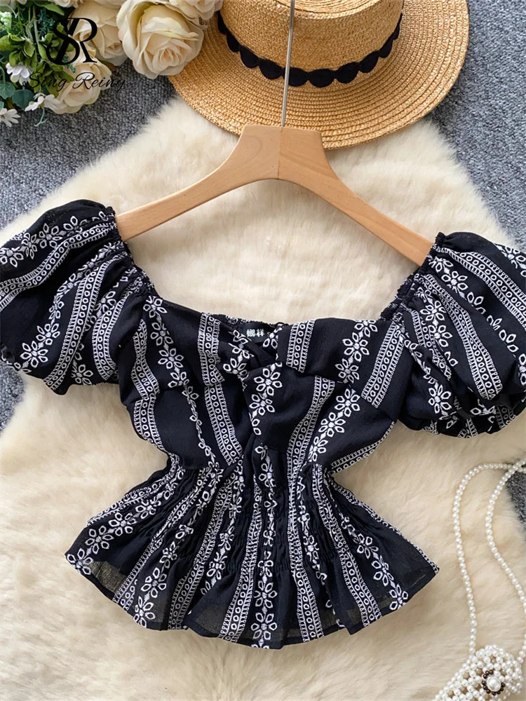 Jacquard Blouse Square Collar Puff Sleeves Elastic Slim Crop