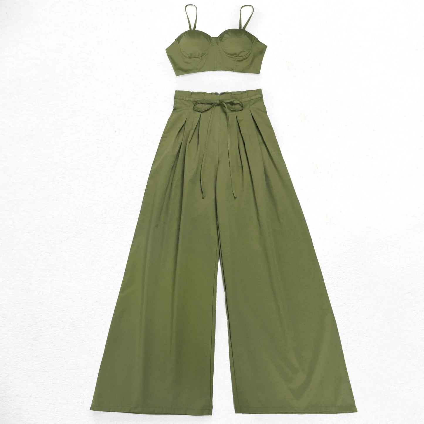 Sexy Zip Crop Camisole and High Waisted Drawstring Wide Leg Trousers 2 Piece Women Pants Suit Streetwear