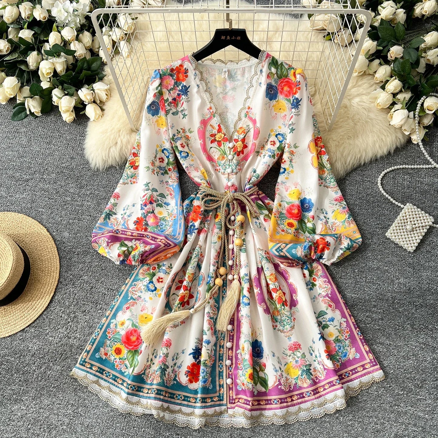 Elegant Vintage Luxury Evening Dress Women Print Sashes Button Short Party Dress Female Casual Holiday Clothing