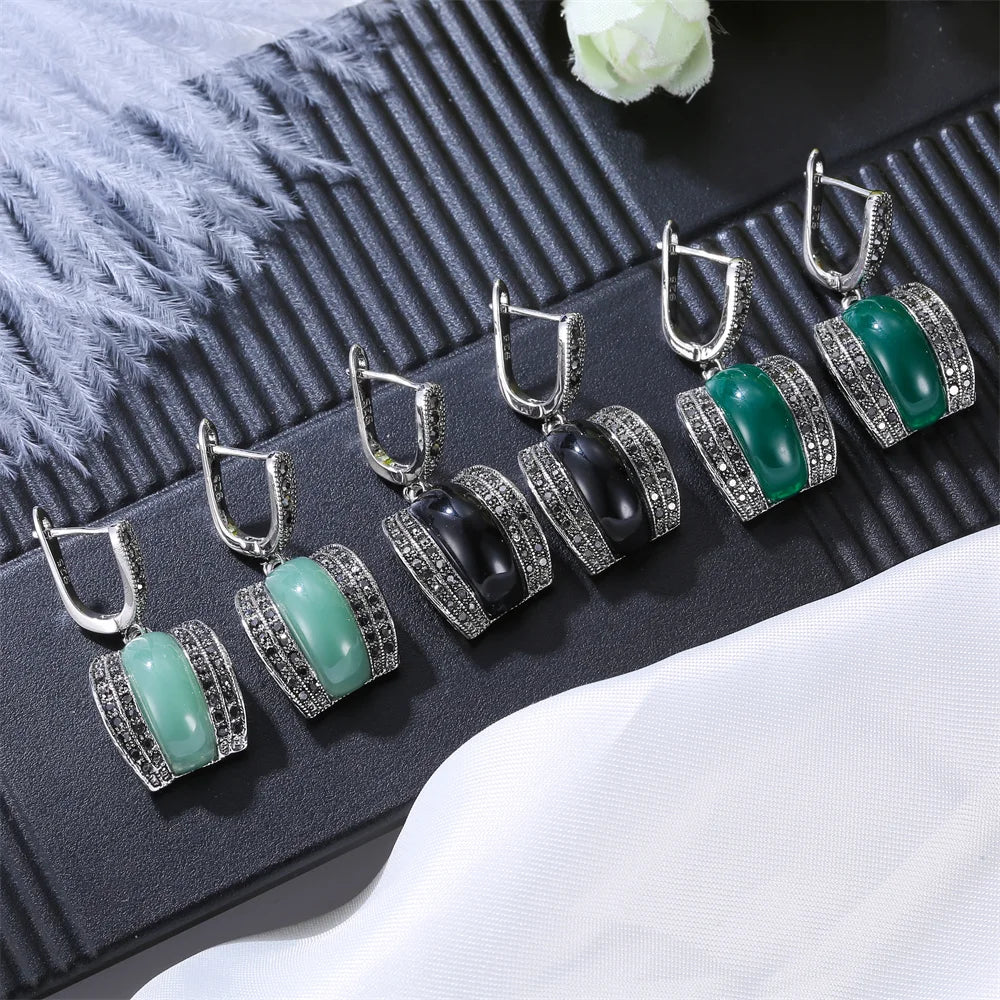 Antique Geometric Green Stone Ring Necklace And Earrings Sets for Women
