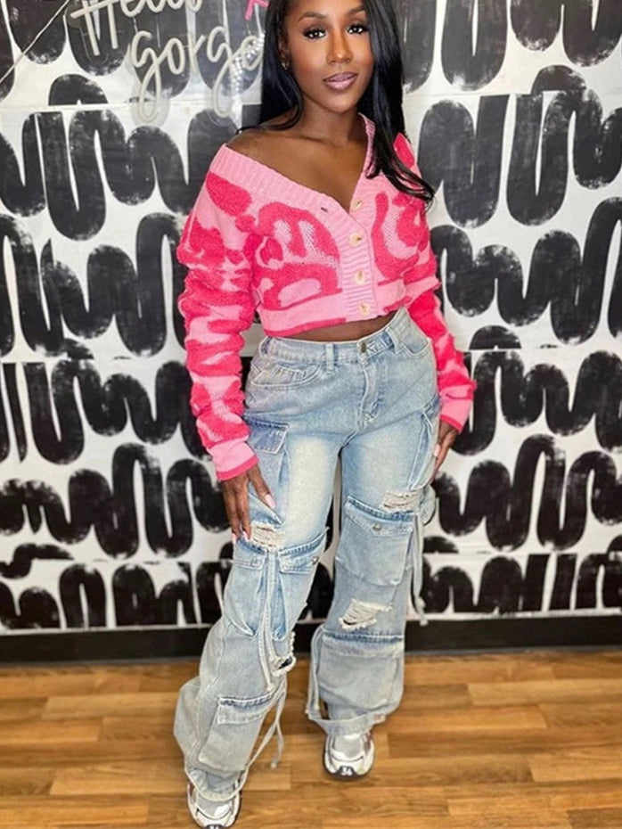 Women Bare Midriff Sweet Knitted Crop Cardigan Girls Fleece Patchwork Warm Button Sweater