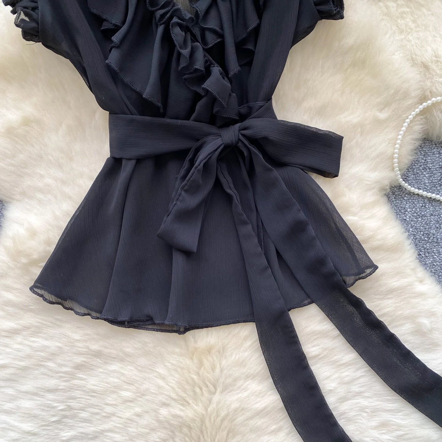 Sweet Ruffles Chiffon Blouses Women Sleeveless V Neck Retro Lace Up Blouse