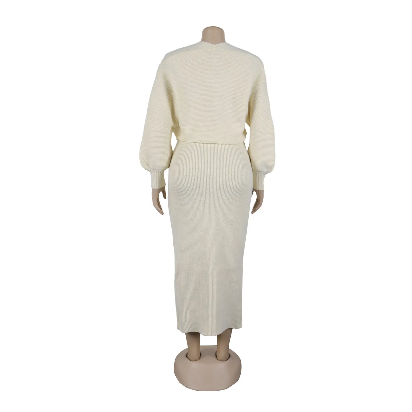 High Quality Elegant Knit Women 2 Piece Set Outfit Hollow Out Lantern Sleeve Crop Cardigan + Long Skirt Suit Streetwear