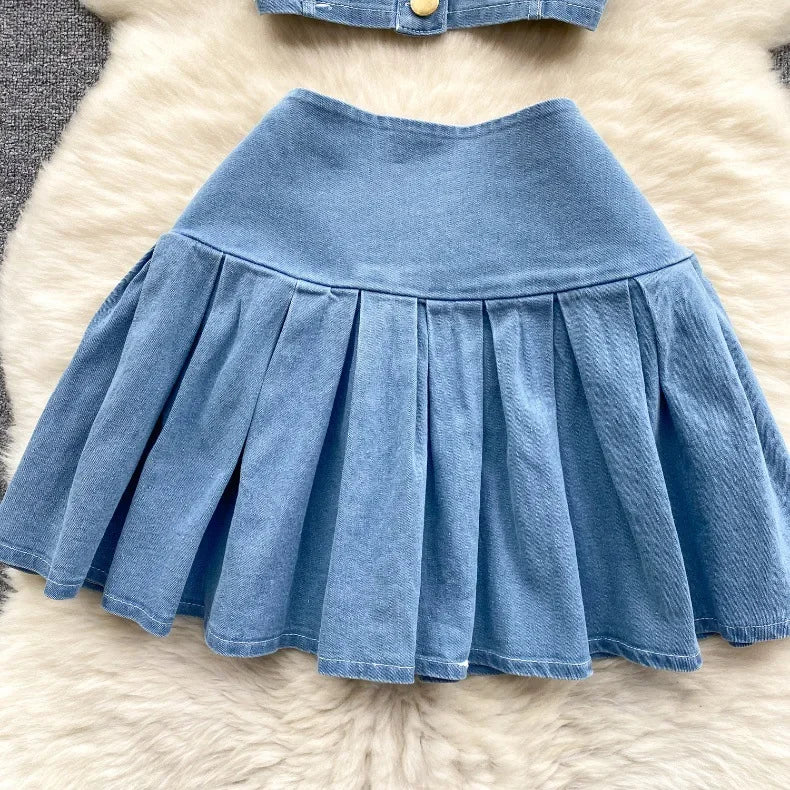 Denim Skirt Stets Two Pieces Sleeveless Tanks Top and Pleated Mini Skirt