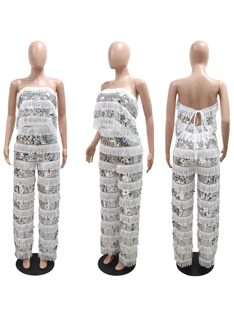 New Luxury Sequin Tassel Women Sleeveless Strapless Crop Tops and Wide Leg Pants Two 2 Piece Birthday Matching Sets