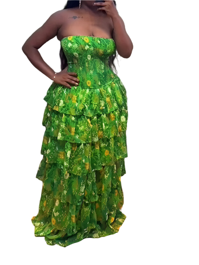 Women's Beach Maxi Dress Sexy Bustier Waist Tie Flounce Hem Tiered Maxi Dress