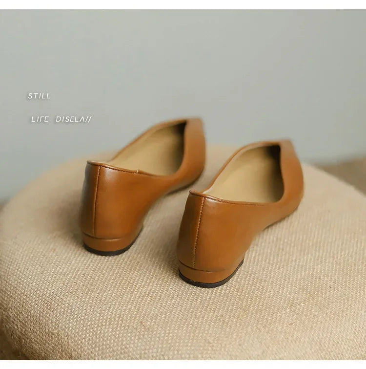 French Pointed Leather Shoe Simple Comfort Sheepskin Elegant Low Heel Shoes