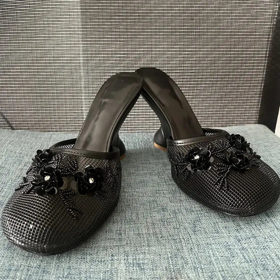 Women Summer Wedges Mesh Shoes Flower Round Toe Slip-On Hollow High Heeled sandals
