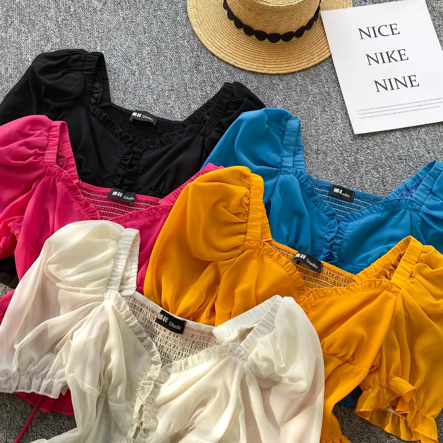 French Style Chiffon Blouse Square Neck Short Sleeves Ruffles Lace Up Beach Top