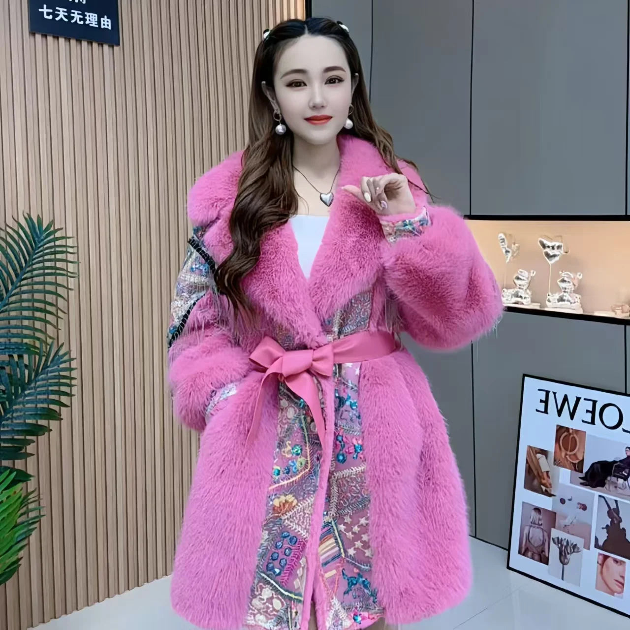 Faux Fur Coat for Women, Sequins Jacket, Loose Long Overcoat, Thick Warm Female Clothing, Fashion,High Quality, New, Winter