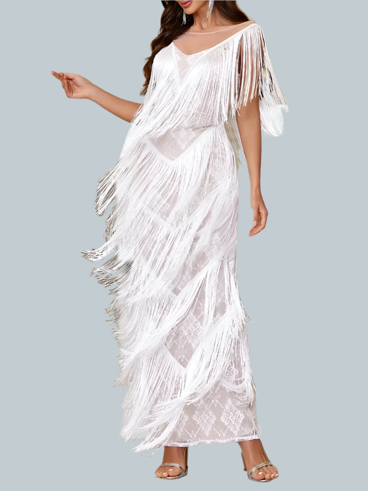 Wedding Guest Dress Deep V Neck Tassels Dress Evening Prom Gown