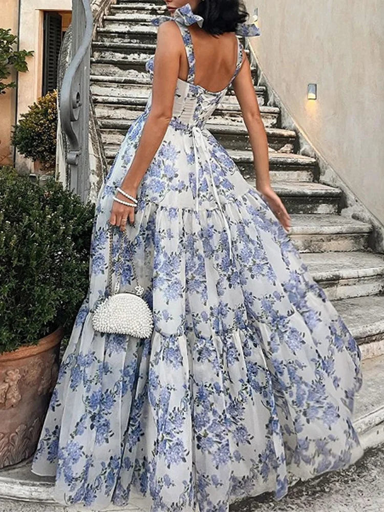 Floral Print Sleeveless Elegant Maxi Party Dress Women Backless Fit Flare Swing Maxi Dress