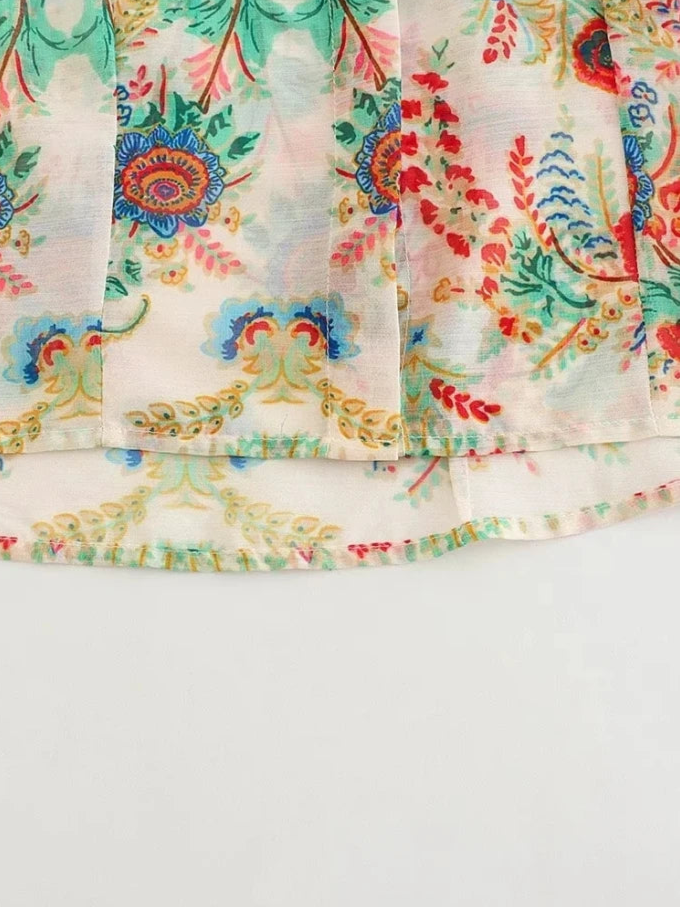 Women Vintage Totem Flower Print Pleated Puff Sleeve Blouse Breasted Shirt