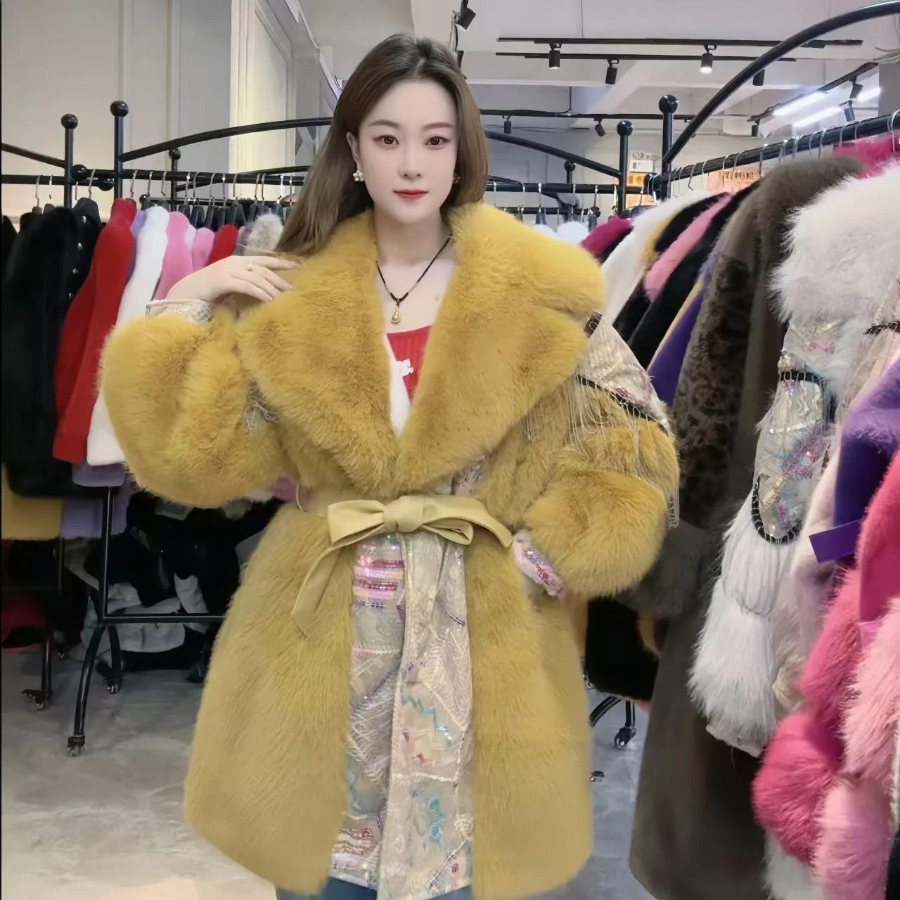 Faux Fur Coat for Women, Sequins Jacket, Loose Long Overcoat, Thick Warm Female Clothing, Fashion,High Quality, New, Winter