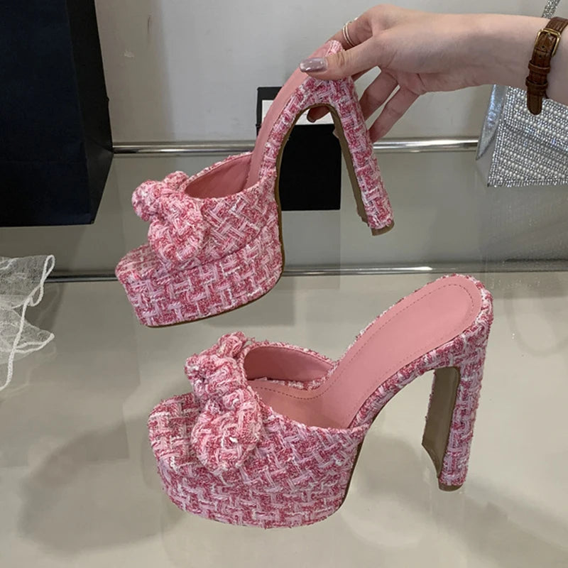 Pink Cloth Bowknot Designer Sandal Square Toe Super High Heels Platform Slippers for Women