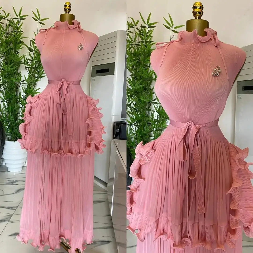 Pleated Dress Women's Solid Sleeveless Ruffles Lace Wedding Guest Dress Cocktail Dress