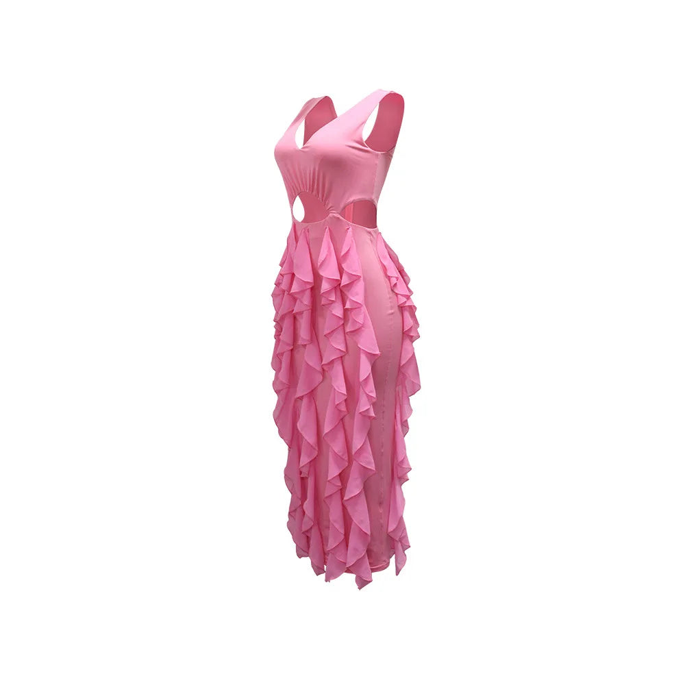 Wedding Guest Dress Women Sleeveless V-neck Ruffle Bodycon Midi Dress Birthday Outfit