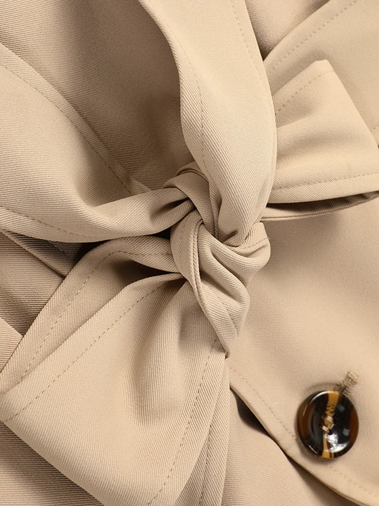 Women Khaki Pleated Elegant Trench New Lapel Long Sleeve Windbreaker Trench Coat