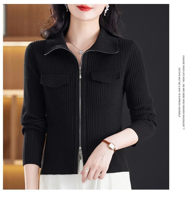 Women Knitted Sweater Cardigan Short Jacket Turn-Down Collar Knit Top