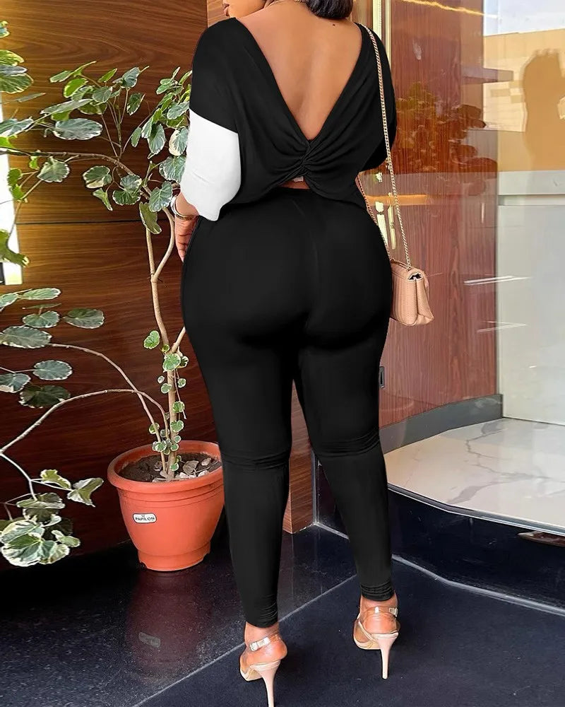 Women's Backless Round Neck Five Quarter Sleeve Pants Two-piece Casual Comfortable Set
