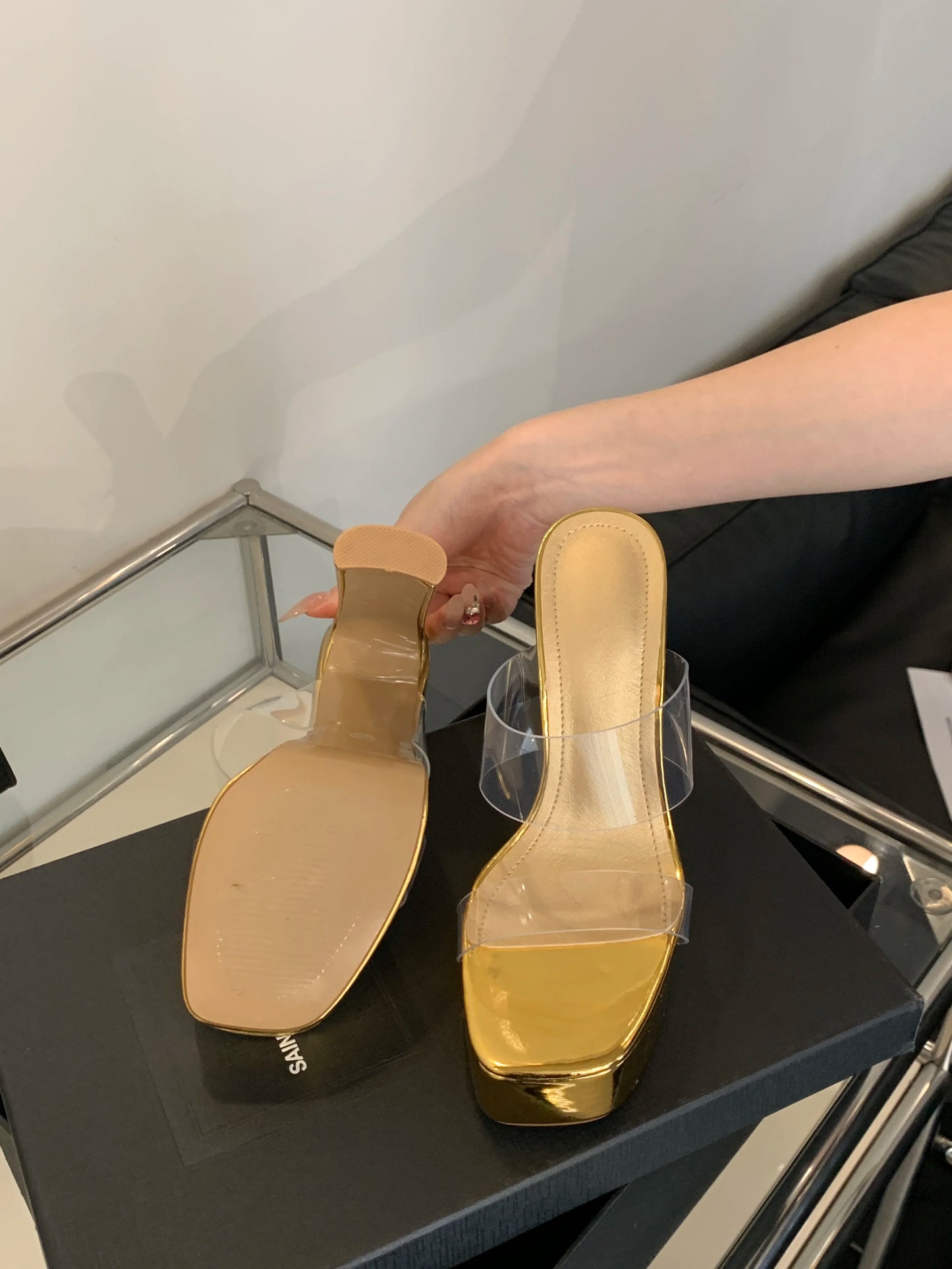 Designer PVC Transparent Platform Slippers Women Square Toe High Heels Slides Shoes
