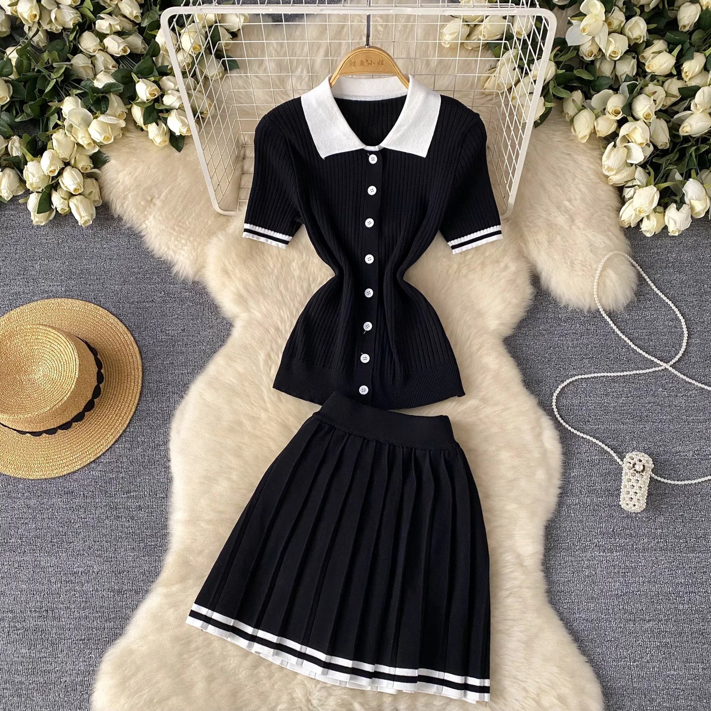 Mini Skirt Set Women Two Piece Sets Polo Collar Knit Shirt Tops Skirt Sets Casual Y2k