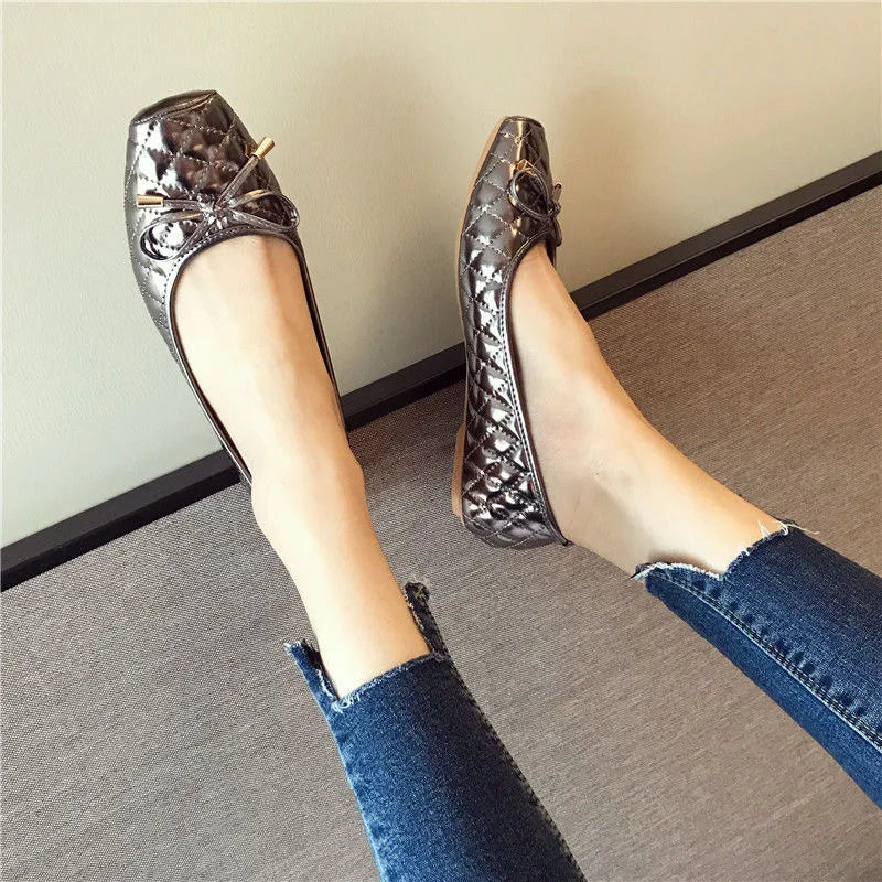 Women Flats Square toe Soft Ladies Shoes Ballet Flats Black Gold Color