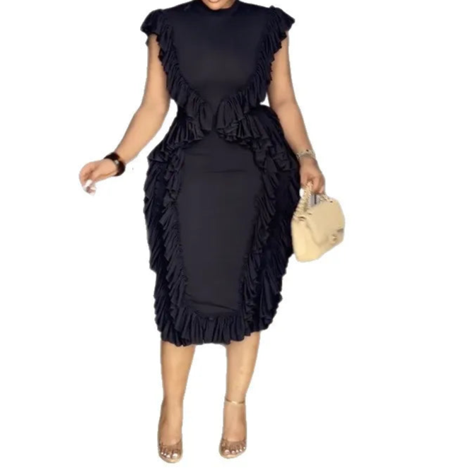 Elegant Black Dress Sleeveless Bodycon Round Neck Casual Vintage Midi Dress