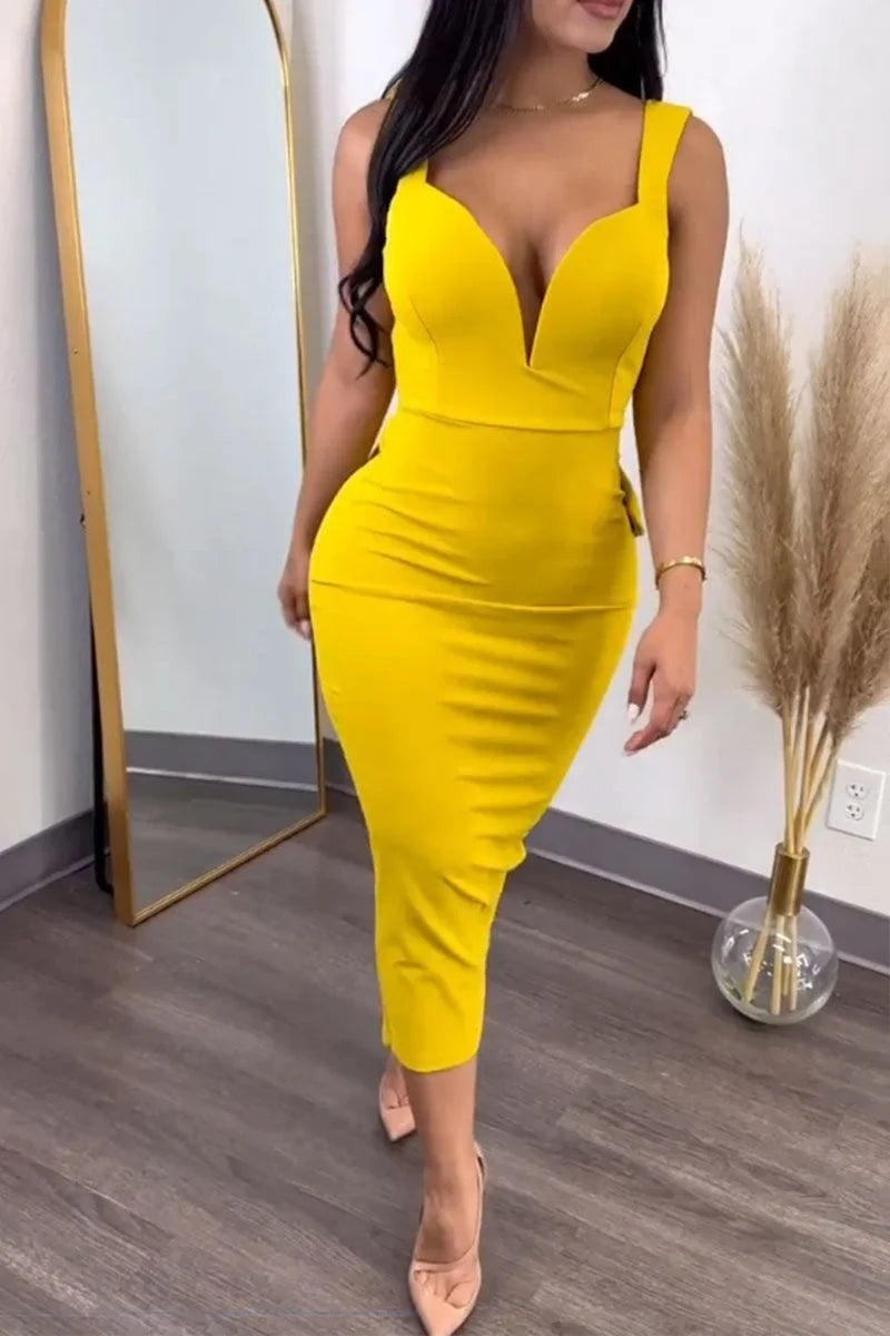 Sexy Plunging V-neck Backless Bowknot Ruffles Bodycon Midi Dresses for Women Party Night Elegant Club Celebrity Prom Dress